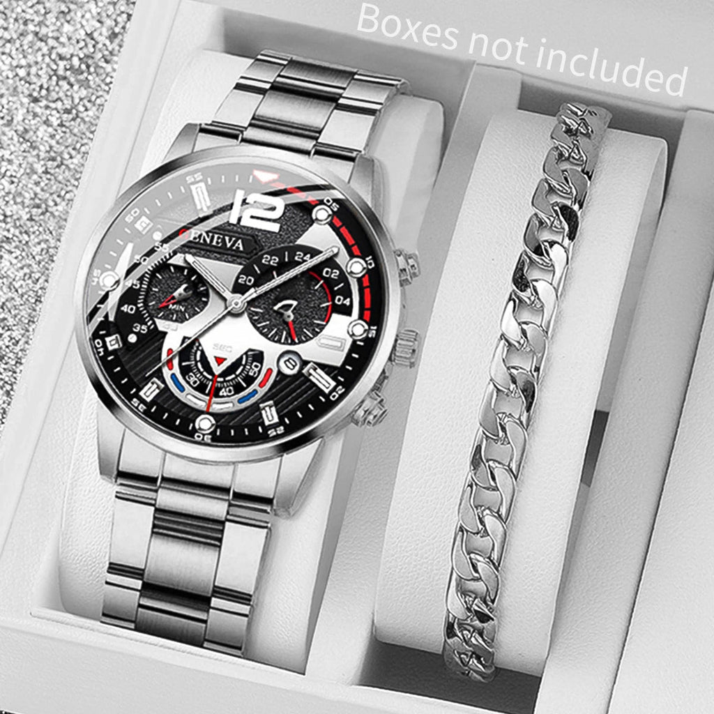 2 pièces hommes montres d'affaires mode bande en acier mâle analogique Quartz - FoytiShop
