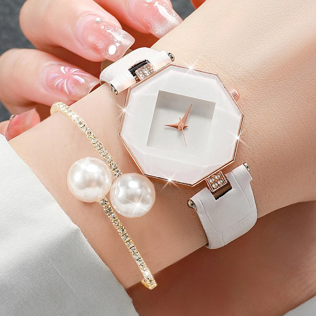 2 pièces mode femmes montres bracelet en cuir décontracté analogique montre à Quartz Bracelet perles - FoytiShop