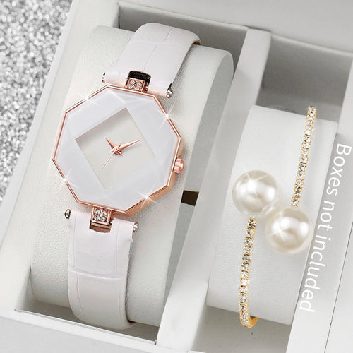2 pièces mode femmes montres bracelet en cuir décontracté analogique montre à Quartz Bracelet perles - FoytiShop