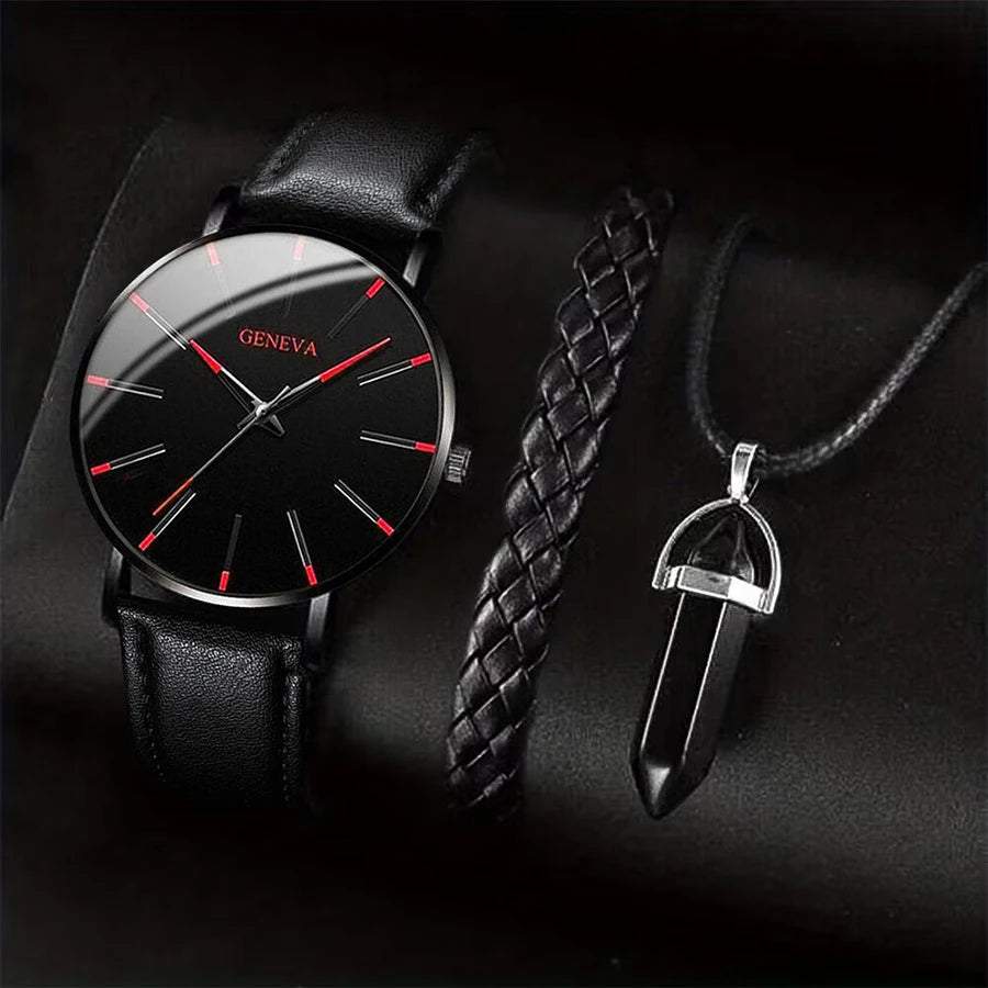 3 pièces/ensemble hommes montres d'affaires bracelet en cuir décontracté analogique - FoytiShop