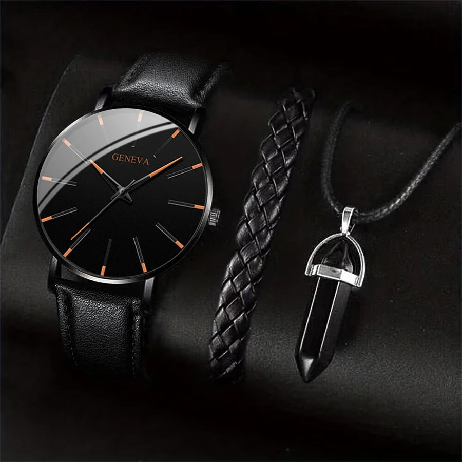 3 pièces/ensemble hommes montres d'affaires bracelet en cuir décontracté analogique - FoytiShop