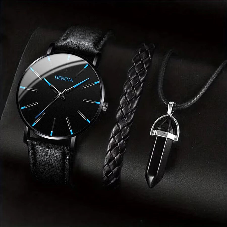3 pièces/ensemble hommes montres d'affaires bracelet en cuir décontracté analogique - FoytiShop