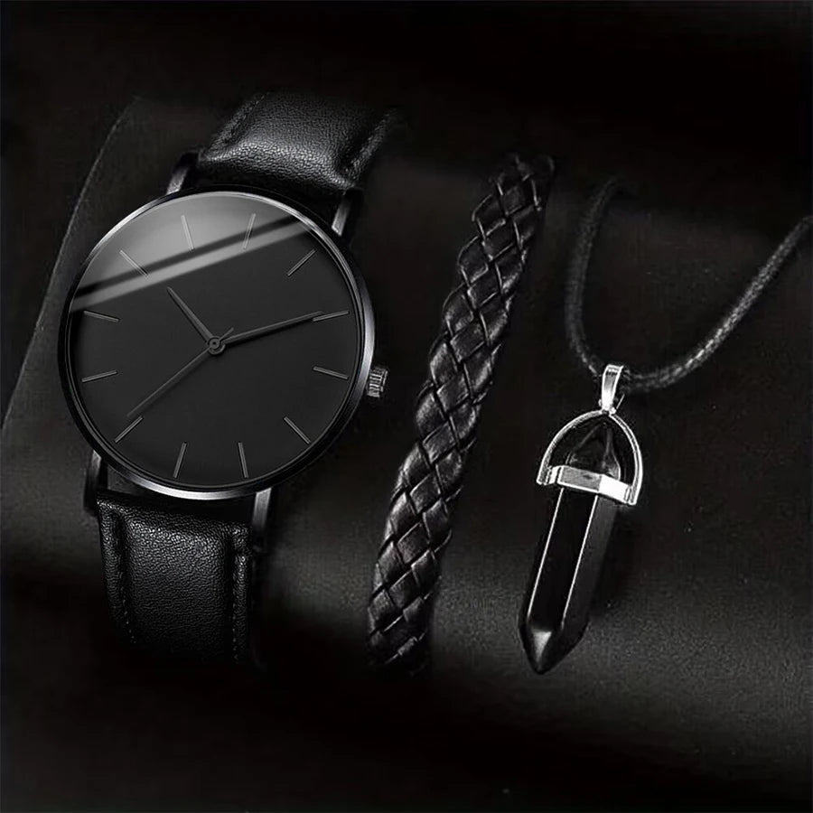 3 pièces/ensemble hommes montres d'affaires bracelet en cuir décontracté analogique - FoytiShop