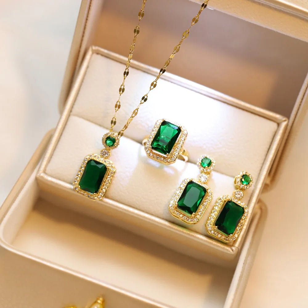 4 pièces ensembles exquis carré strass collier boucles d'oreilles bague - FoytiShop