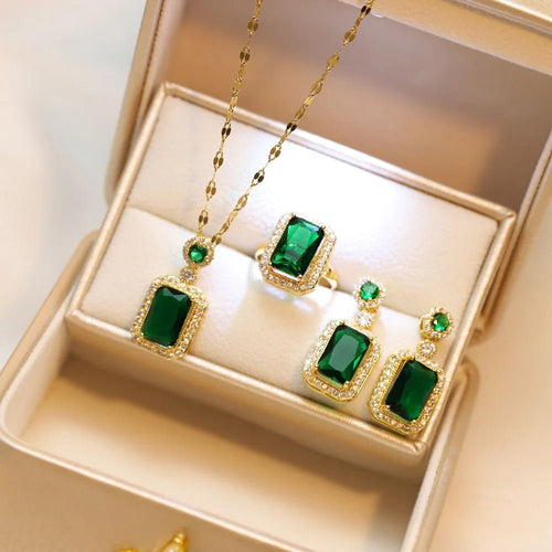 4 pièces ensembles exquis carré strass collier boucles d'oreilles bague - FoytiShop