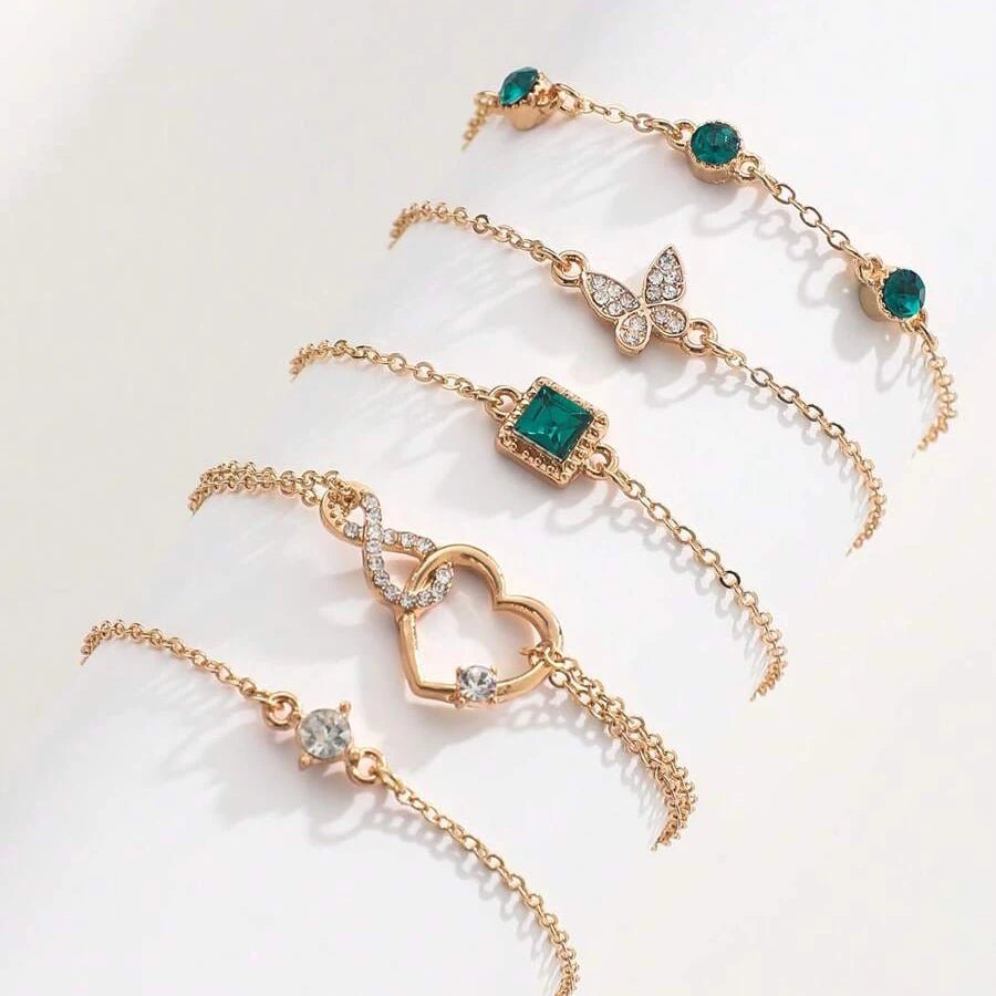 5 pièces de bracelet ensemble pour femmes couleur or belle papillon strass - FoytiShop