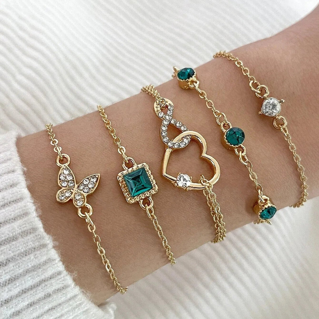 5 pièces de bracelet ensemble pour femmes couleur or belle papillon strass - FoytiShop