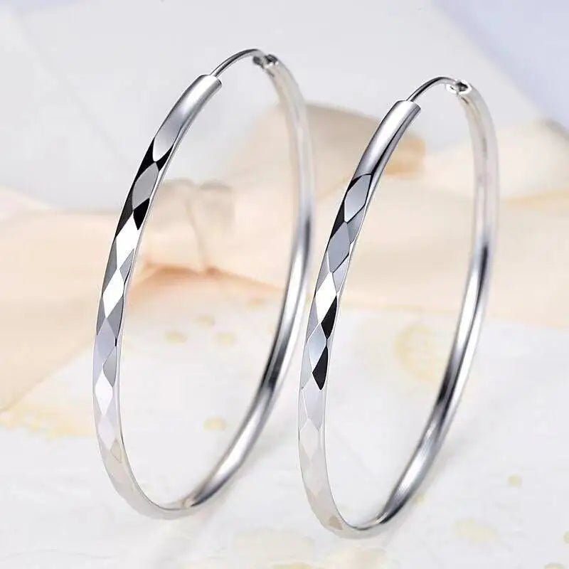 Boucles d'Oreilles Créoles Grand Cercle Argent Sterling 925 - 3/4/5/6CM Femme - FoytiShop
