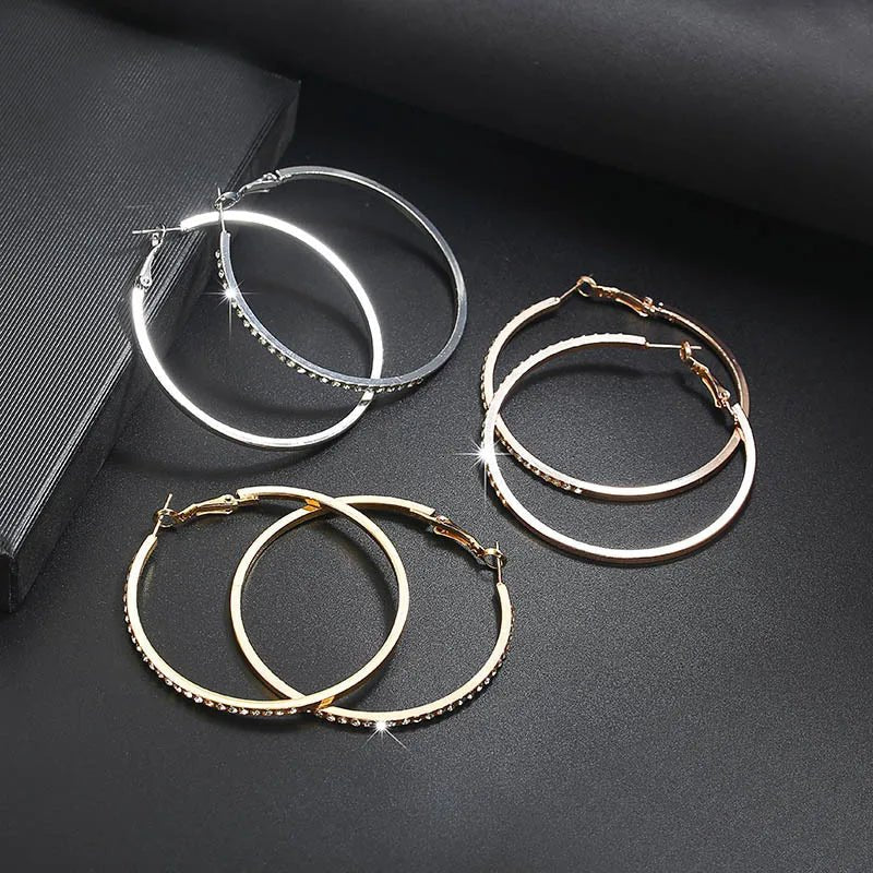 Boucles d'Oreilles Créoles Strass Grand Cercle - Couleur Or Femme Tendance - FoytiShop