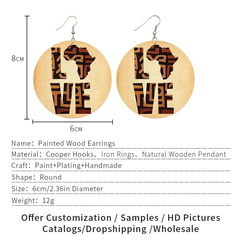 Boucles d'Oreilles en Bois avec Motif de Carte de l'Afrique, Bijoux Ronds Imprimés des Deux Côtés, Cadeaux pour Femme - FoytiShop