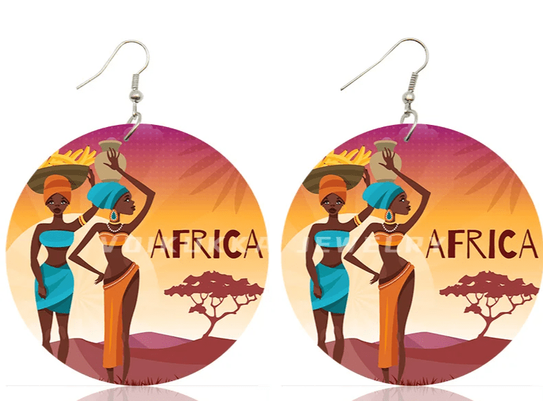 Boucles d'Oreilles en Bois avec Motif de Carte de l'Afrique, Bijoux Ronds Imprimés des Deux Côtés, Cadeaux pour Femme - FoytiShop