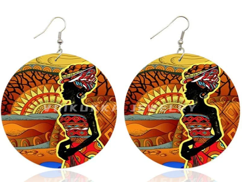 Boucles d'Oreilles en Bois avec Motif de Carte de l'Afrique, Bijoux Ronds Imprimés des Deux Côtés, Cadeaux pour Femme - FoytiShop