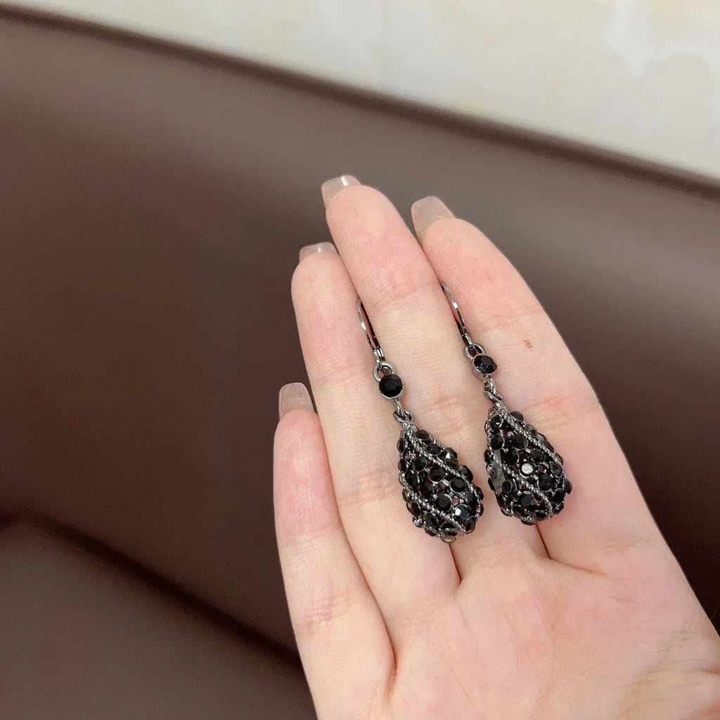 Boucles d'Oreilles Pendantes Goutte Cristal Noir Femme - Strass Brillants Fête - FoytiShop