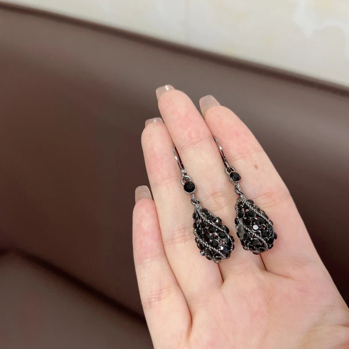 Boucles d'Oreilles Pendantes Goutte Cristal Noir Femme - Strass Brillants Fête - FoytiShop