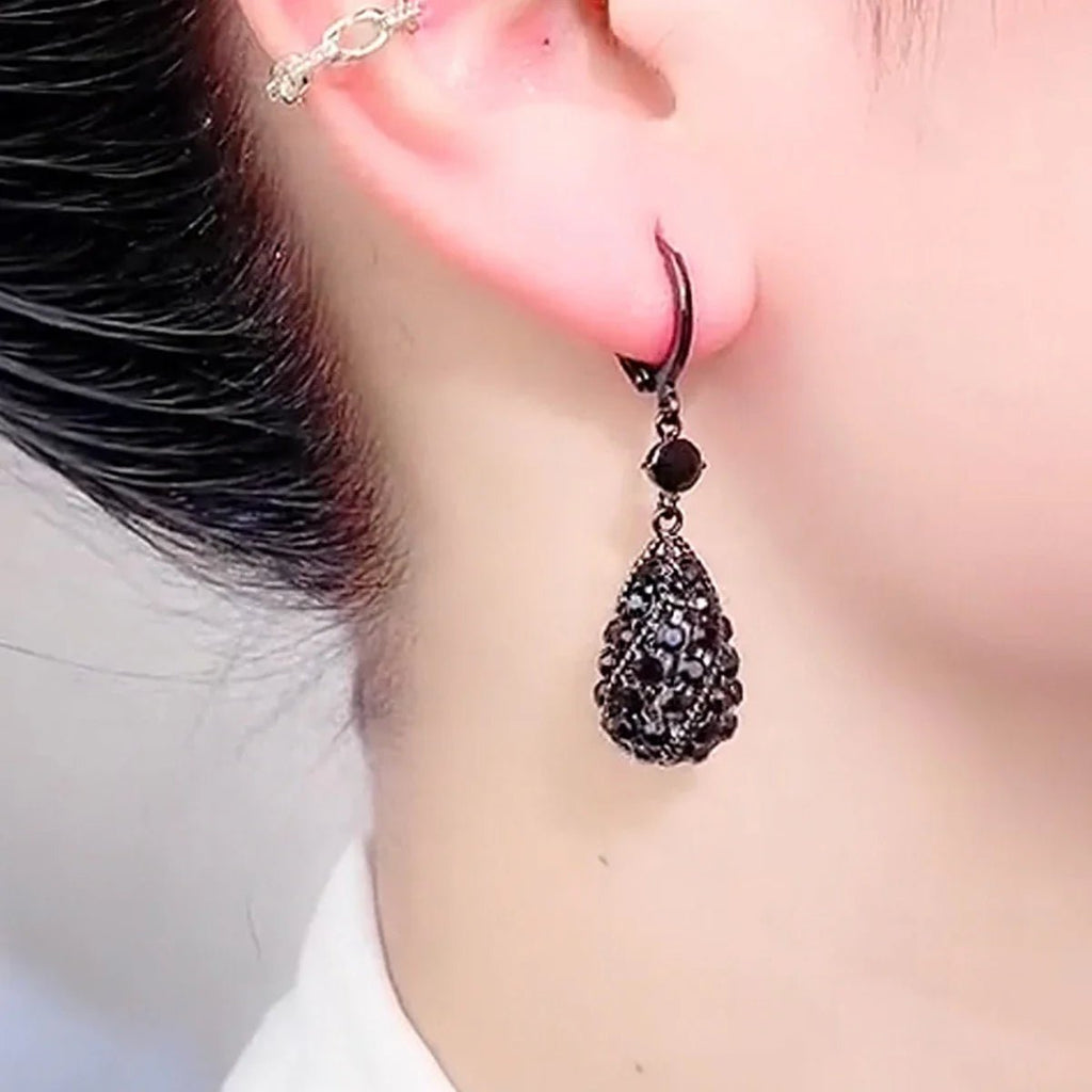 Boucles d'Oreilles Pendantes Goutte Cristal Noir Femme - Strass Brillants Fête - FoytiShop