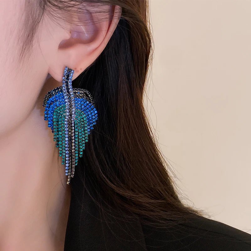 Boucles d'Oreilles Pendantes Strass Bleu Femme - Feuille Longues Géométriques - FoytiShop