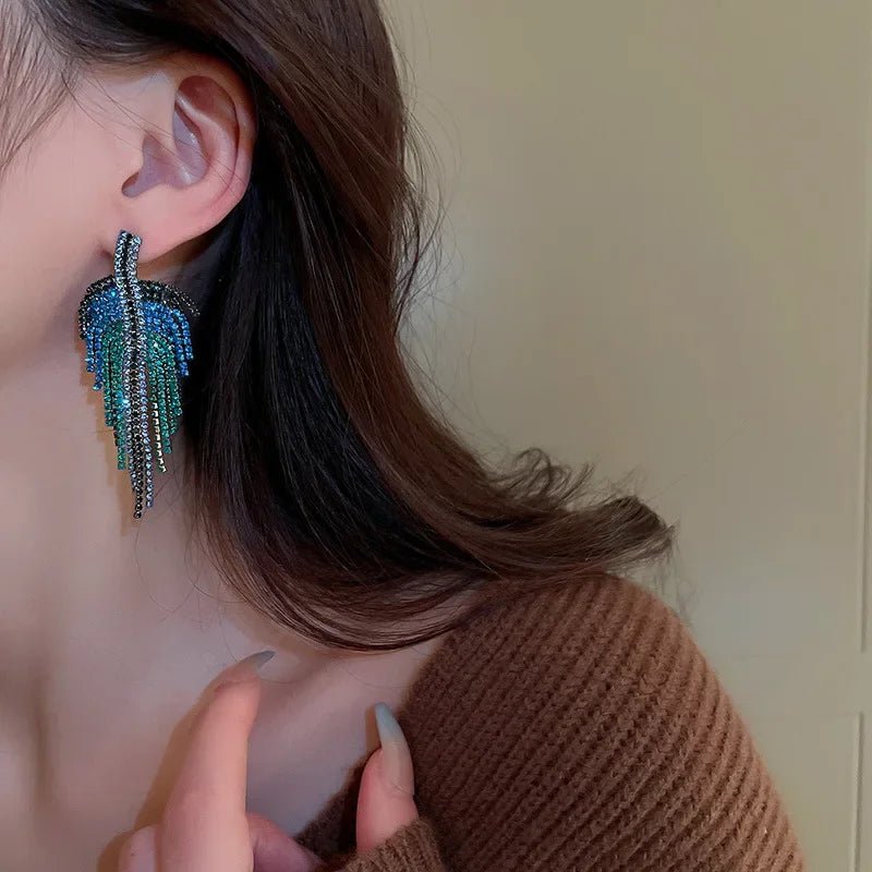 Boucles d'Oreilles Pendantes Strass Bleu Femme - Feuille Longues Géométriques - FoytiShop