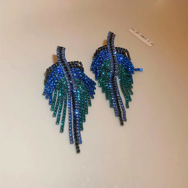 Boucles d'Oreilles Pendantes Strass Bleu Femme - Feuille Longues Géométriques - FoytiShop