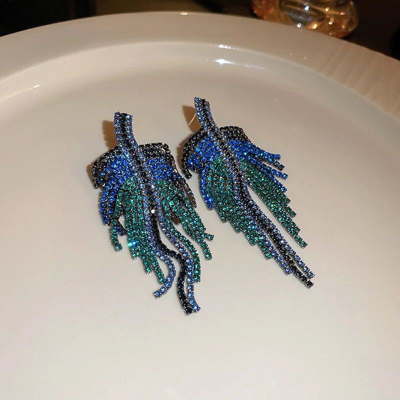 Boucles d'Oreilles Pendantes Strass Bleu Femme - Feuille Longues Géométriques - FoytiShop