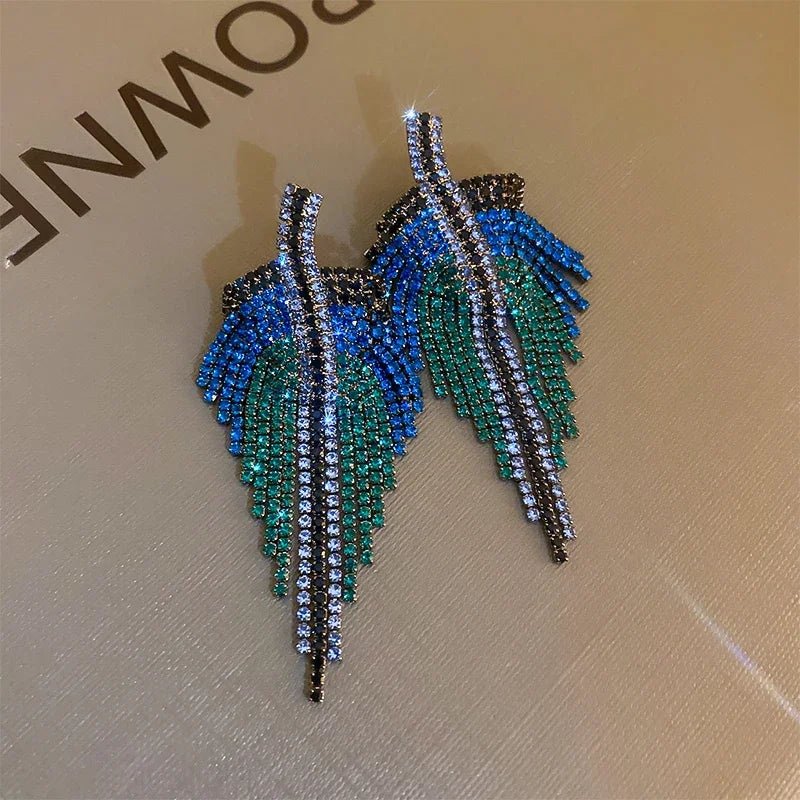 Boucles d'Oreilles Pendantes Strass Bleu Femme - Feuille Longues Géométriques - FoytiShop