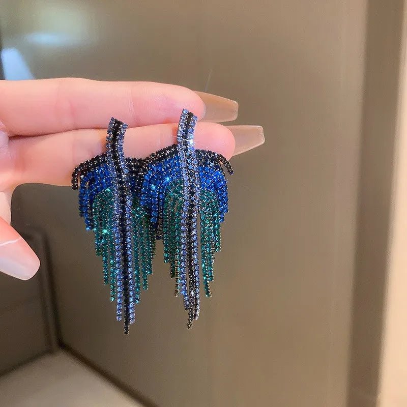Boucles d'Oreilles Pendantes Strass Bleu Femme - Feuille Longues Géométriques - FoytiShop