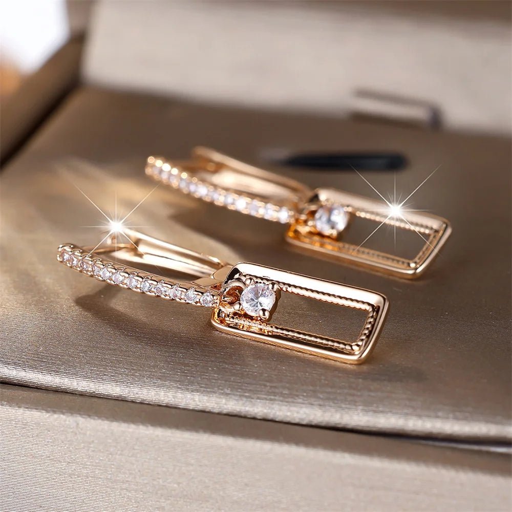 Boucles d'Oreilles Rondes Zircon Blanc Vintage - Pendentif Rectangulaire Or Mariage - FoytiShop