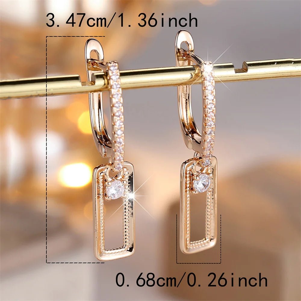 Boucles d'Oreilles Rondes Zircon Blanc Vintage - Pendentif Rectangulaire Or Mariage - FoytiShop