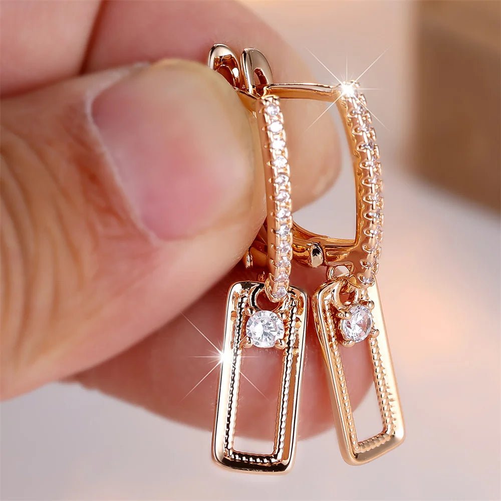 Boucles d'Oreilles Rondes Zircon Blanc Vintage - Pendentif Rectangulaire Or Mariage - FoytiShop