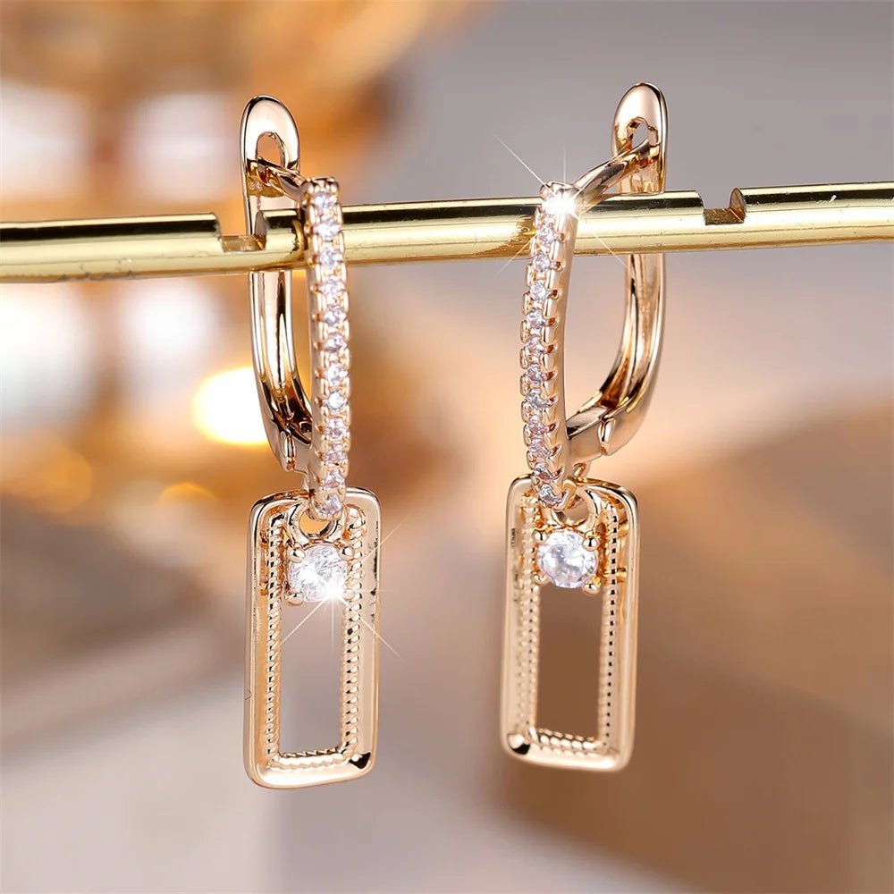 Boucles d'Oreilles Rondes Zircon Blanc Vintage - Pendentif Rectangulaire Or Mariage - FoytiShop