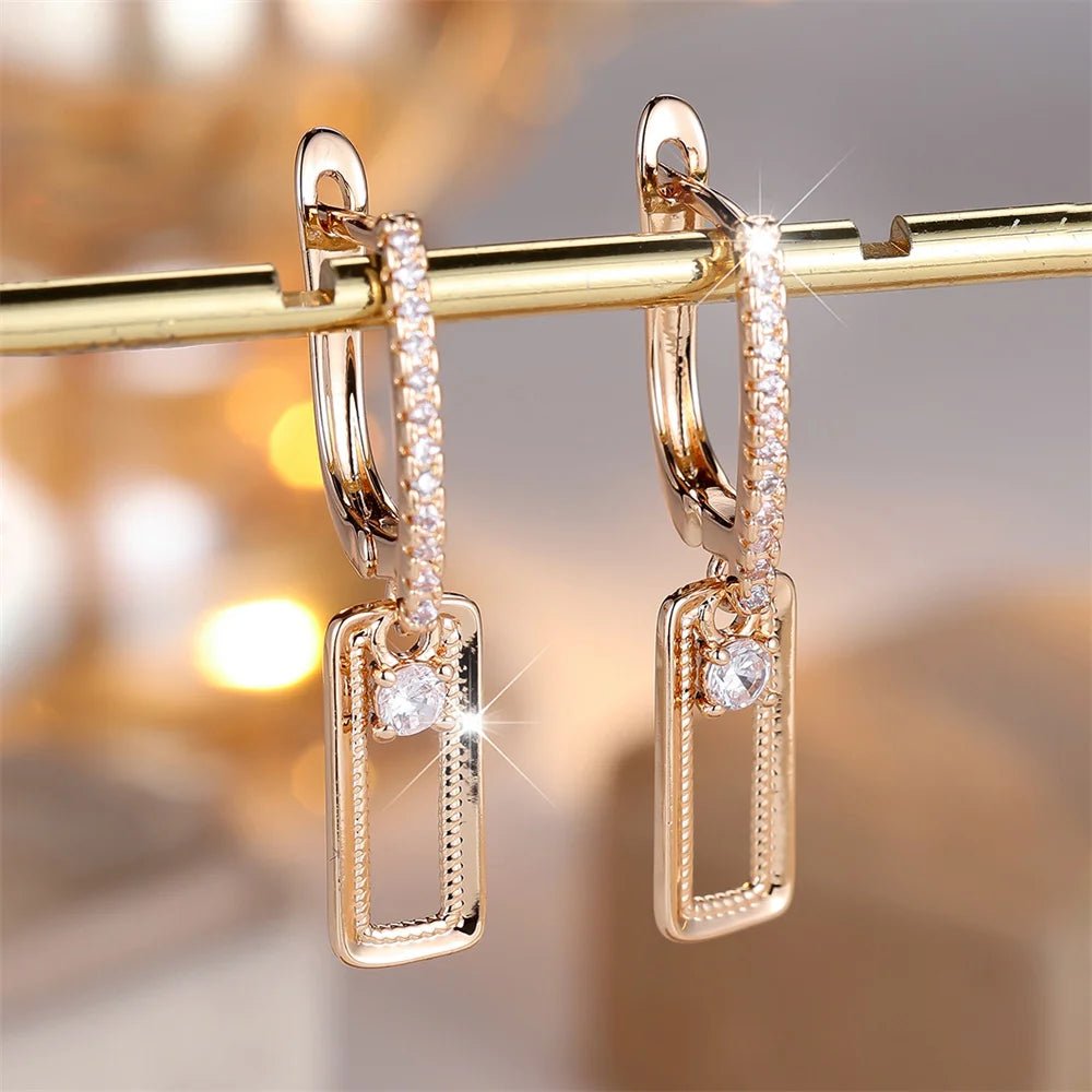 Boucles d'Oreilles Rondes Zircon Blanc Vintage - Pendentif Rectangulaire Or Mariage - FoytiShop