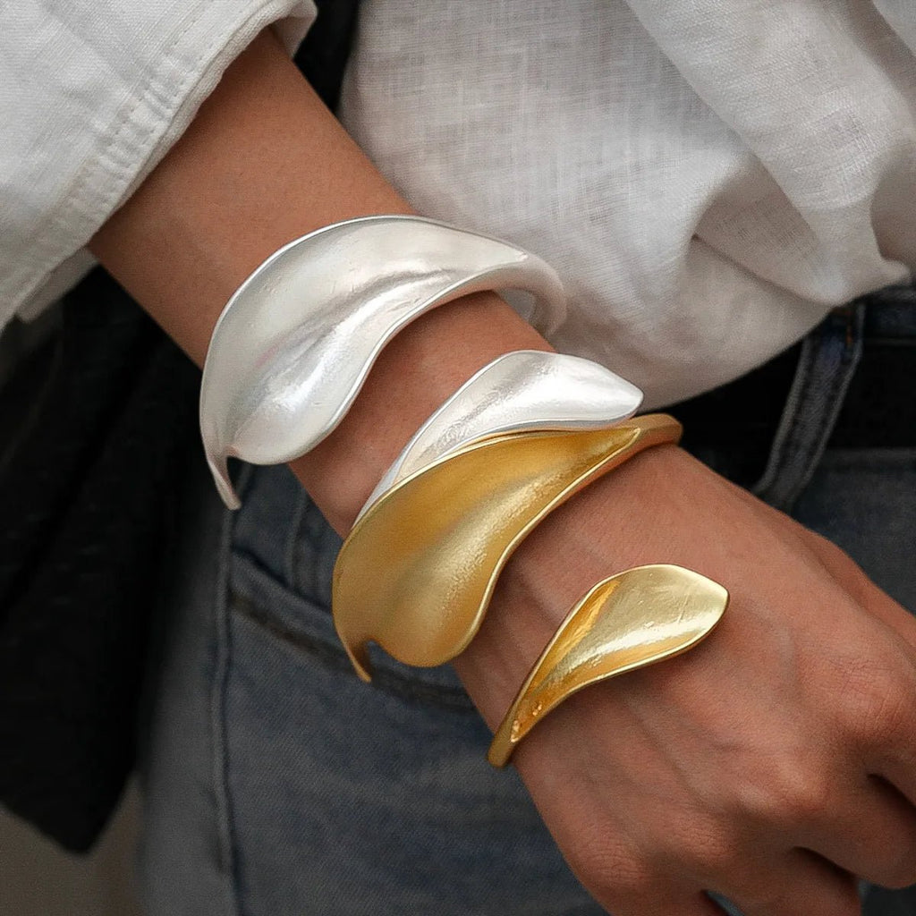 Bracelet Manchette Punk Feuilles Métal Mat – Or & Argent Femme - FoytiShop