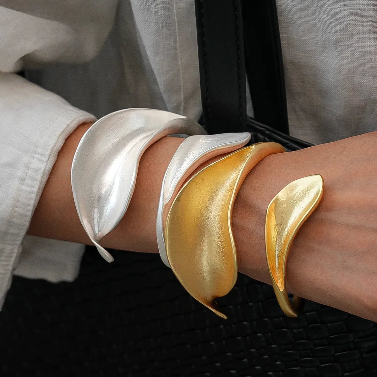 Bracelet Manchette Punk Feuilles Métal Mat – Or & Argent Femme - FoytiShop