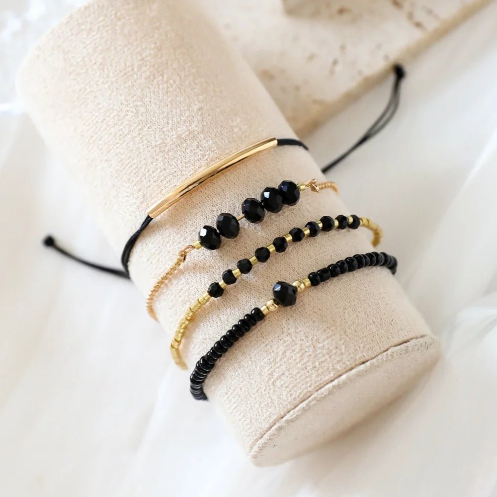 Bracelets en Pierre de Verre Noir Femme - Ensemble 4 Pièces Boho Fait Main - FoytiShop