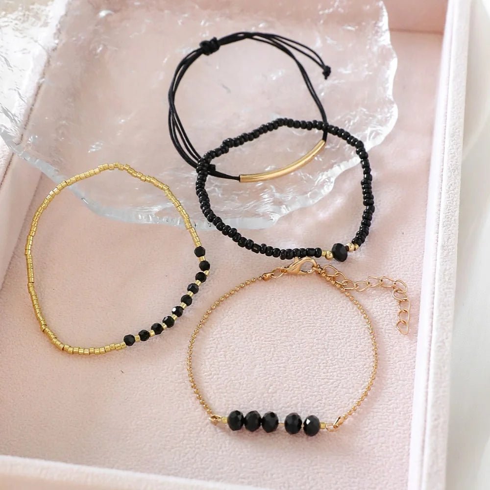 Bracelets en Pierre de Verre Noir Femme - Ensemble 4 Pièces Boho Fait Main - FoytiShop