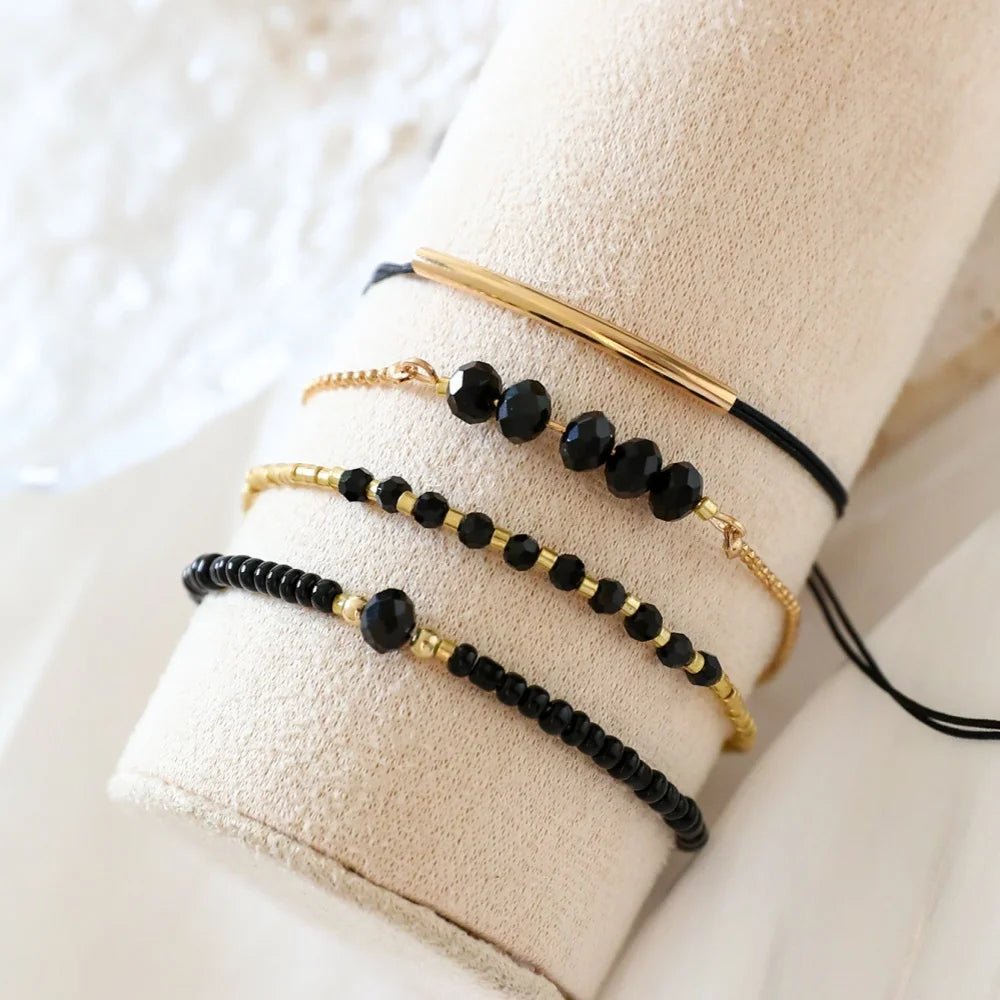 Bracelets en Pierre de Verre Noir Femme - Ensemble 4 Pièces Boho Fait Main - FoytiShop