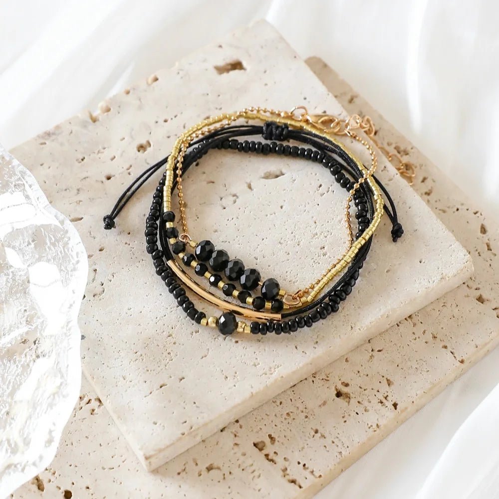 Bracelets en Pierre de Verre Noir Femme - Ensemble 4 Pièces Boho Fait Main - FoytiShop