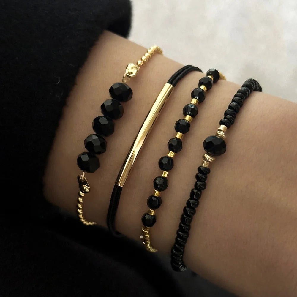 Bracelets en Pierre de Verre Noir Femme - Ensemble 4 Pièces Boho Fait Main - FoytiShop