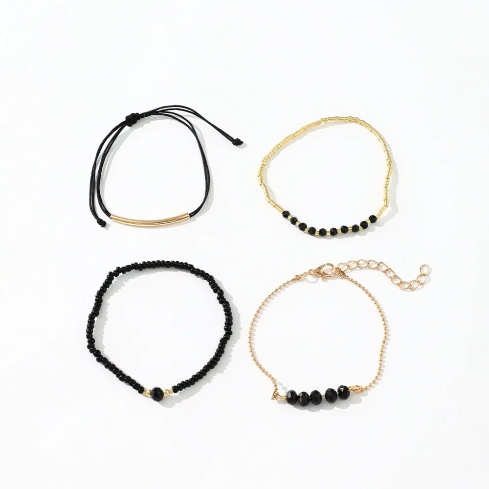 Bracelets en Pierre de Verre Noir Femme - Ensemble 4 Pièces Boho Fait Main - FoytiShop