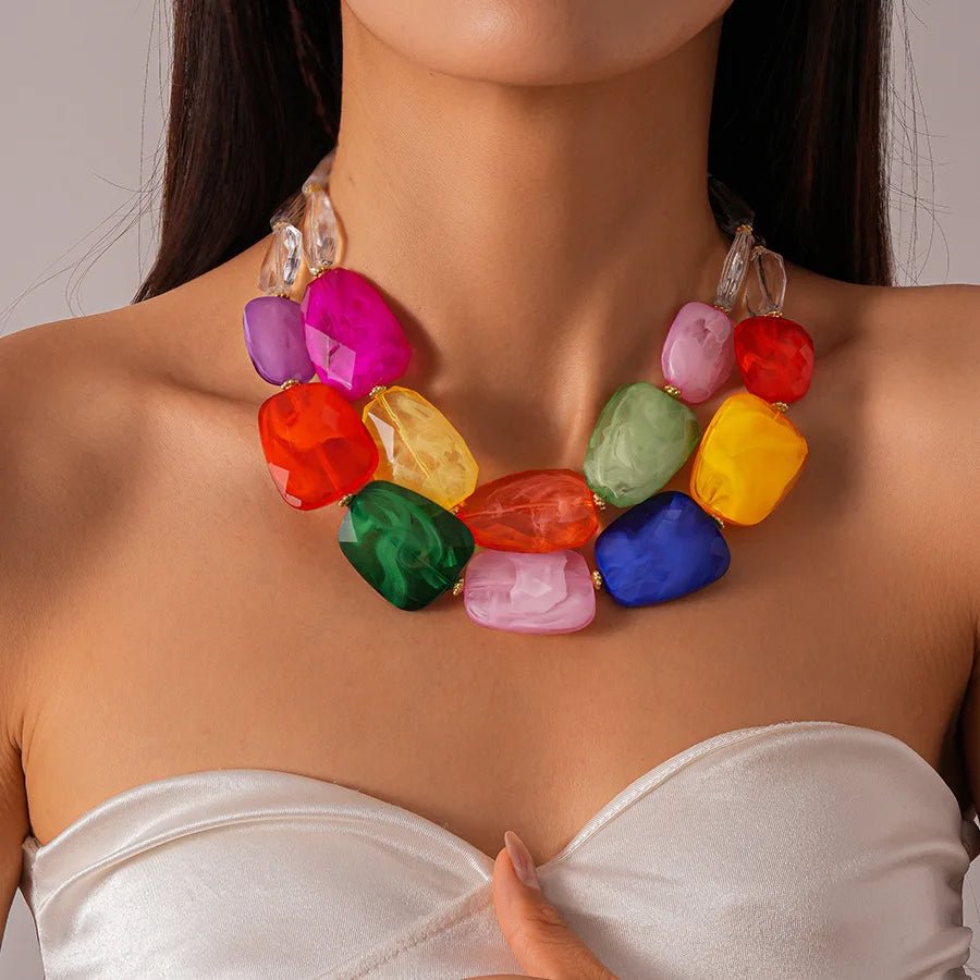 Collier de perles acryliques irrégulières Double couche pour femmes - FoytiShop