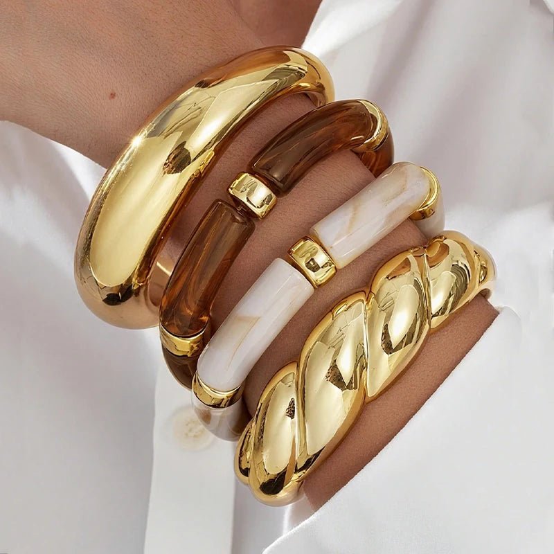 Ensemble 4 Bracelets Élastiques Résine Marron Vintage – Style Minimaliste Femme - FoytiShop