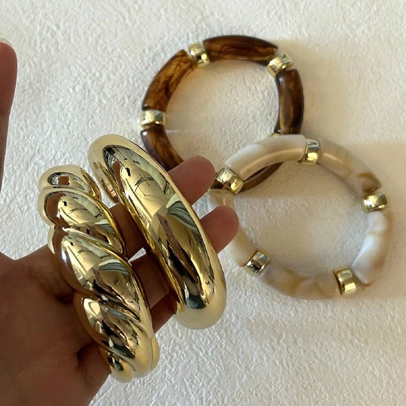 Ensemble 4 Bracelets Élastiques Résine Marron Vintage – Style Minimaliste Femme - FoytiShop