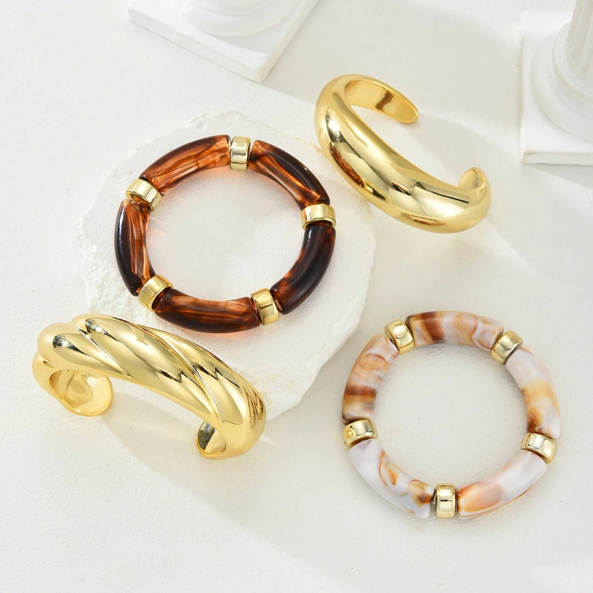 Ensemble 4 Bracelets Élastiques Résine Marron Vintage – Style Minimaliste Femme - FoytiShop