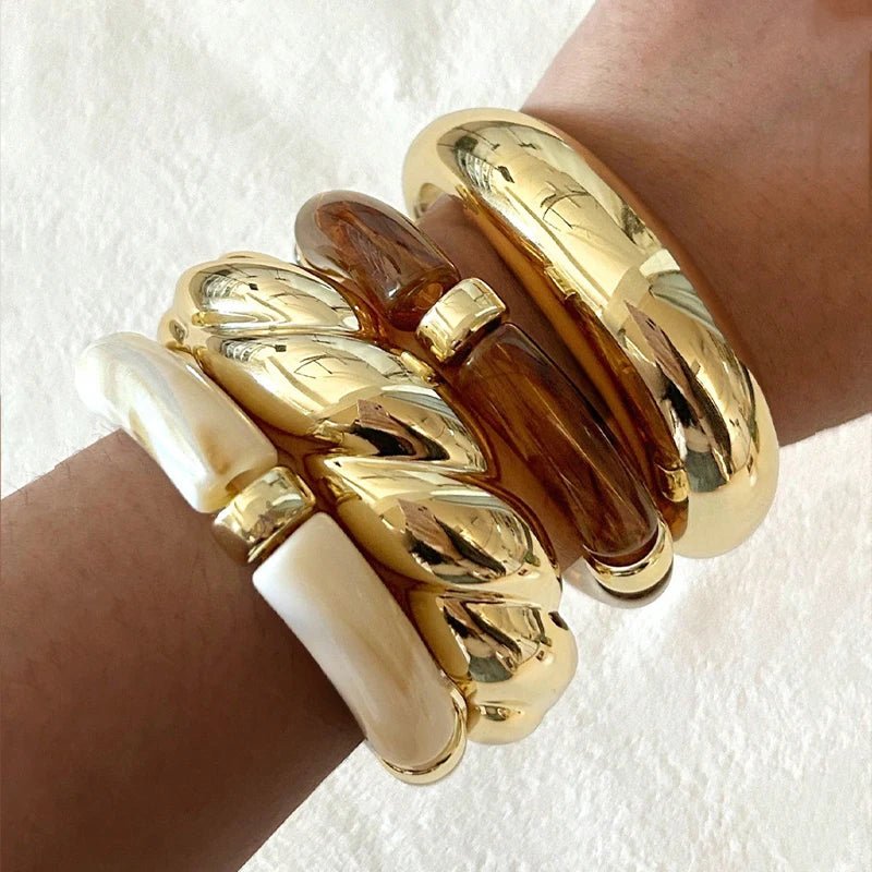 Ensemble 4 Bracelets Élastiques Résine Marron Vintage – Style Minimaliste Femme - FoytiShop