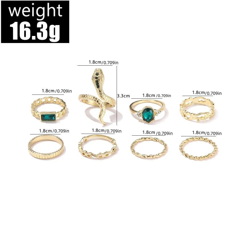Ensemble 8 Bagues Serpent Torsadées Strass Rétro - Bijoux Femme - FoytiShop