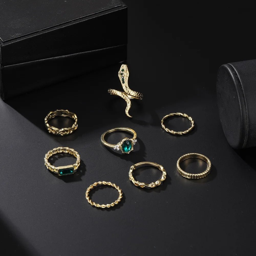 Ensemble 8 Bagues Serpent Torsadées Strass Rétro - Bijoux Femme - FoytiShop