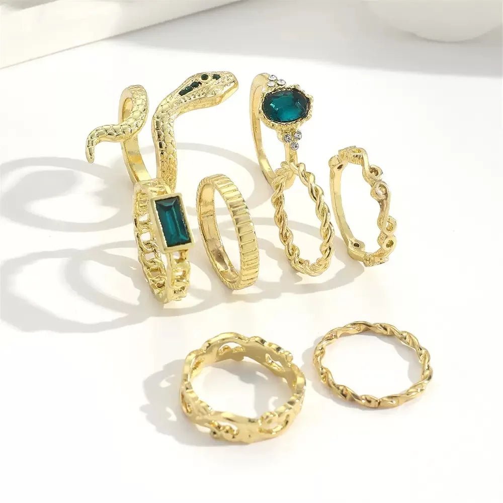 Ensemble 8 Bagues Serpent Torsadées Strass Rétro - Bijoux Femme - FoytiShop