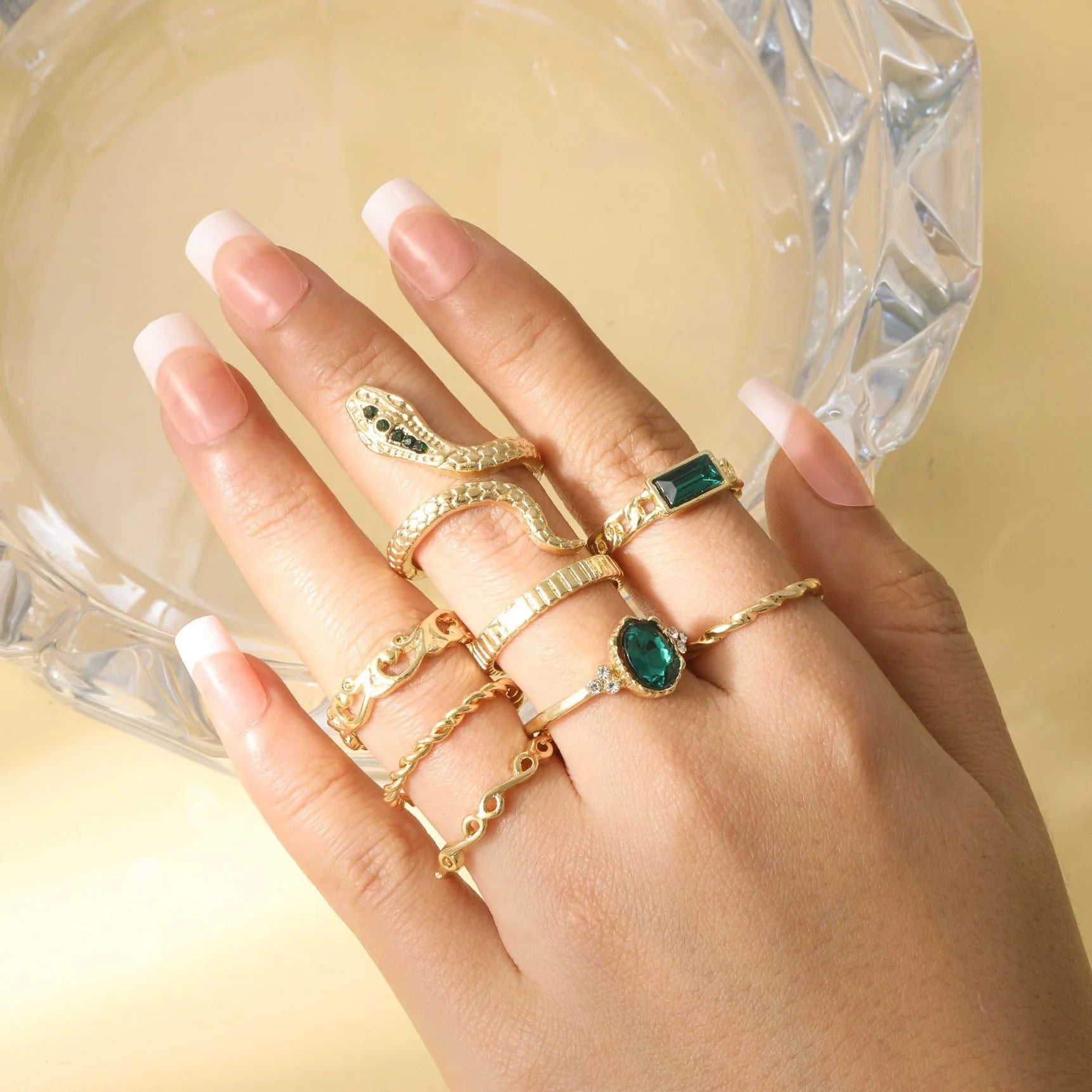 Ensemble 8 Bagues Serpent Torsadées Strass Rétro - Bijoux Femme - FoytiShop