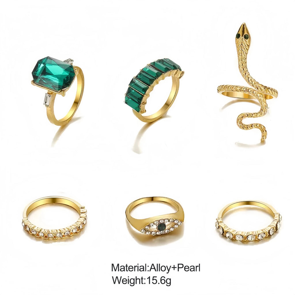 Ensemble 8 Bagues Serpent Torsadées Strass Rétro - Bijoux Femme - FoytiShop