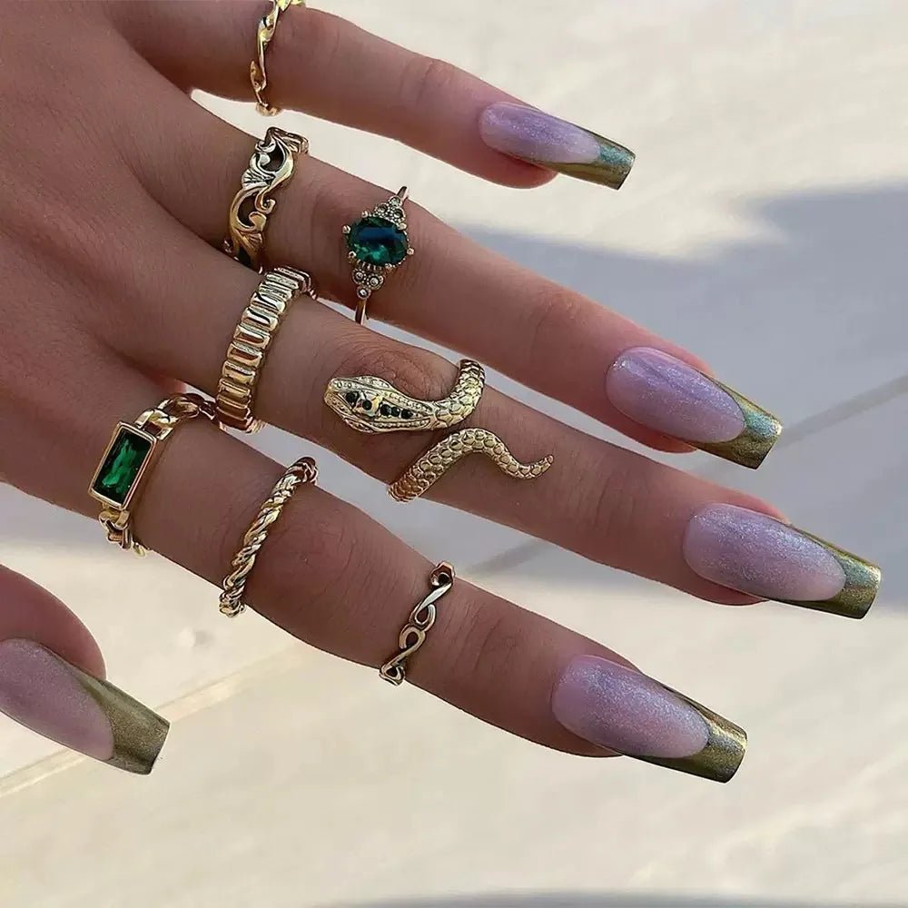 Ensemble 8 Bagues Serpent Torsadées Strass Rétro - Bijoux Femme - FoytiShop