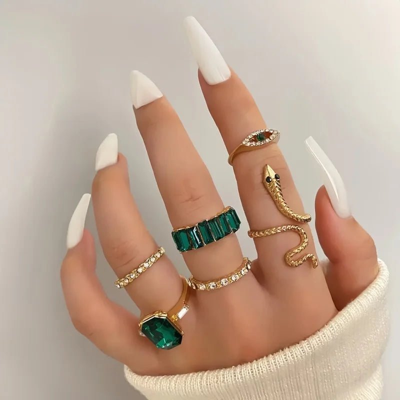 Ensemble 8 Bagues Serpent Torsadées Strass Rétro - Bijoux Femme - FoytiShop